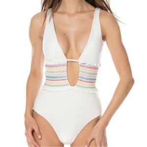 Isabella Rose Crystal Cove Smocked Plung Neckline Keyhole One-Piece Swimsuit S